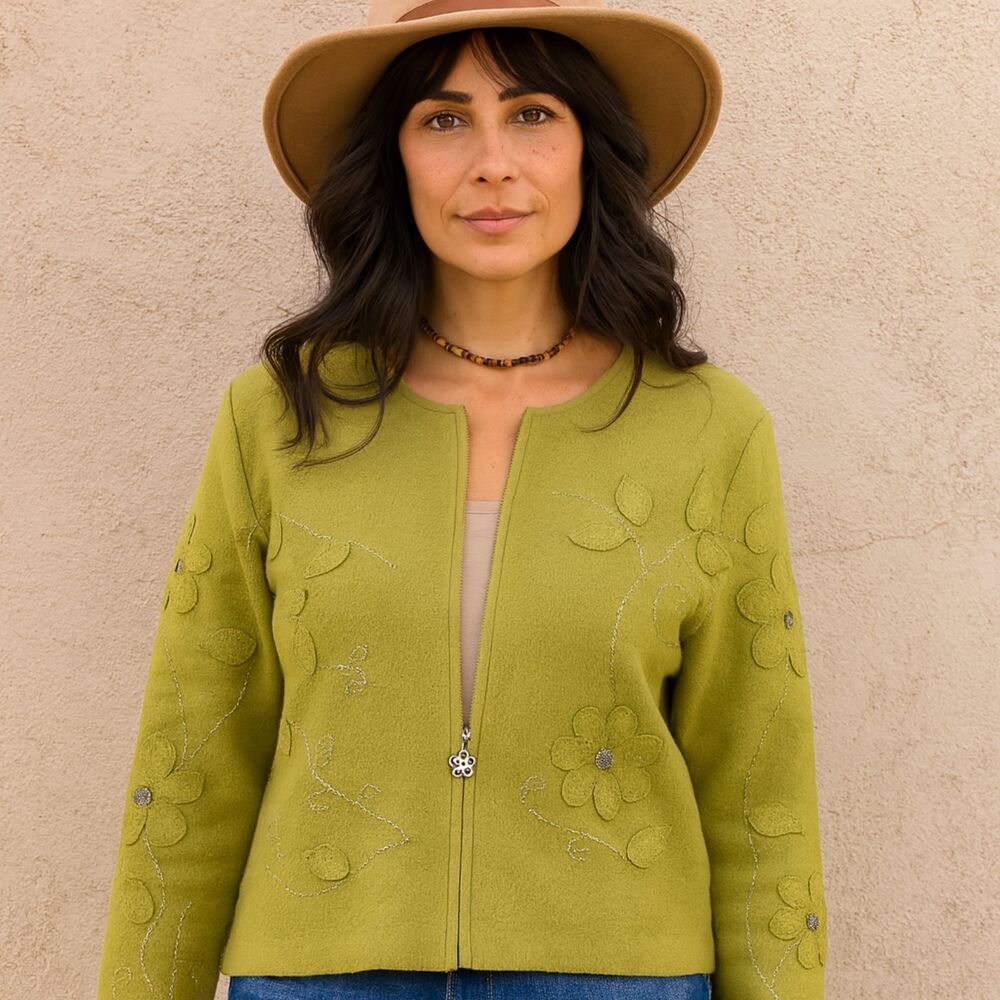 Vintage Boho Jacket 6 Olive Green Cotton Applique Flowers Classy Hippie